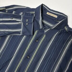 Tommy Bahama Men Silk Blend Long Sleeve Button Up Shirt Size L Navy Green Stripe